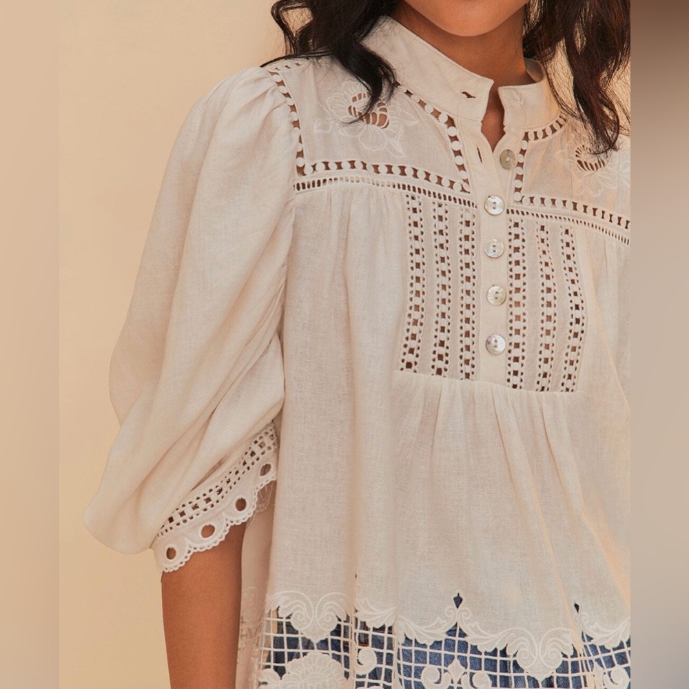 FARM Rio Romantic Richelieu Puffed Sleeve Blouse - Picture 6 of 16